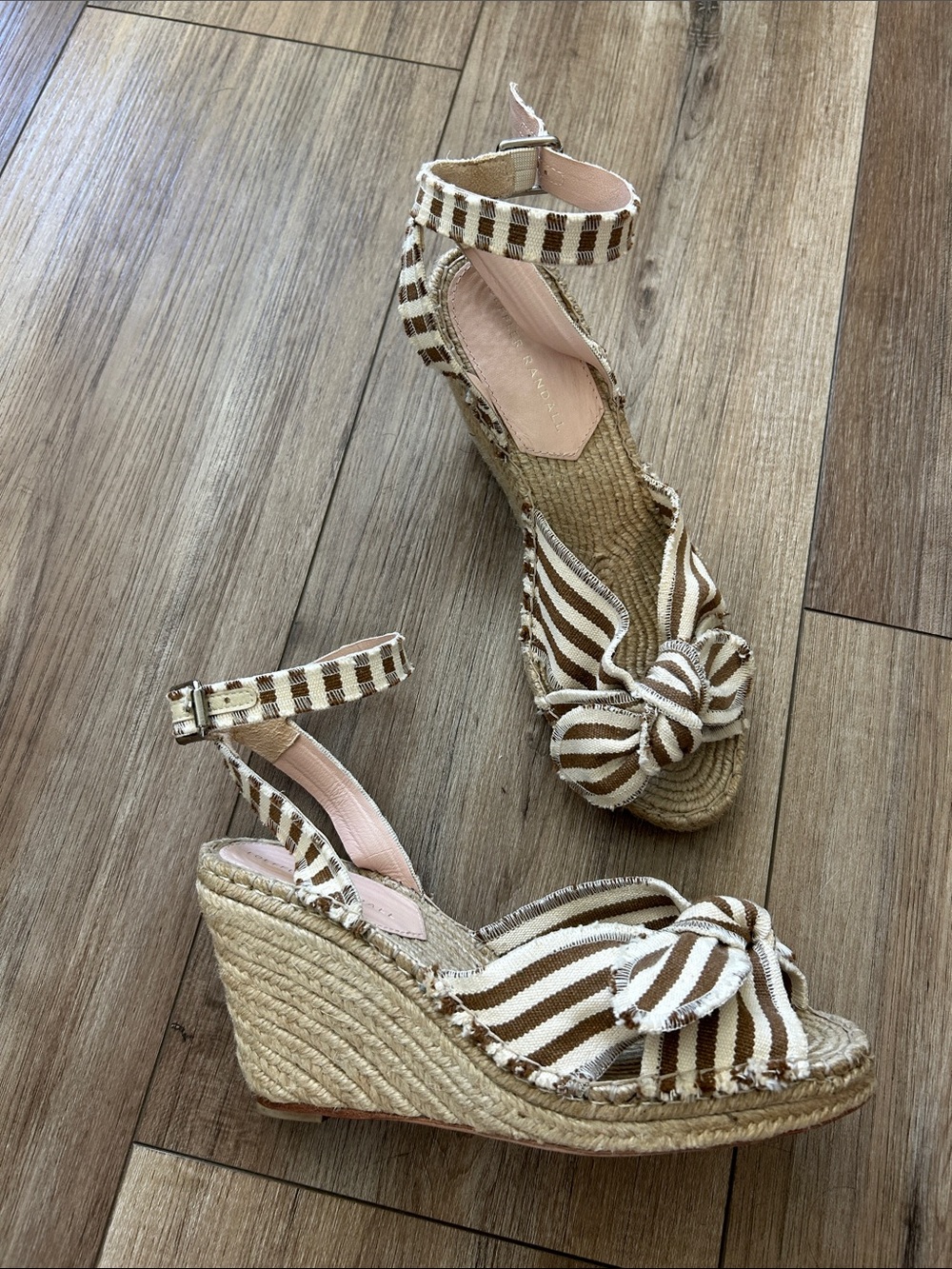 Loeffler Randall Striped Knot Espadrille Wedge Sandals in Beige and White 8.5